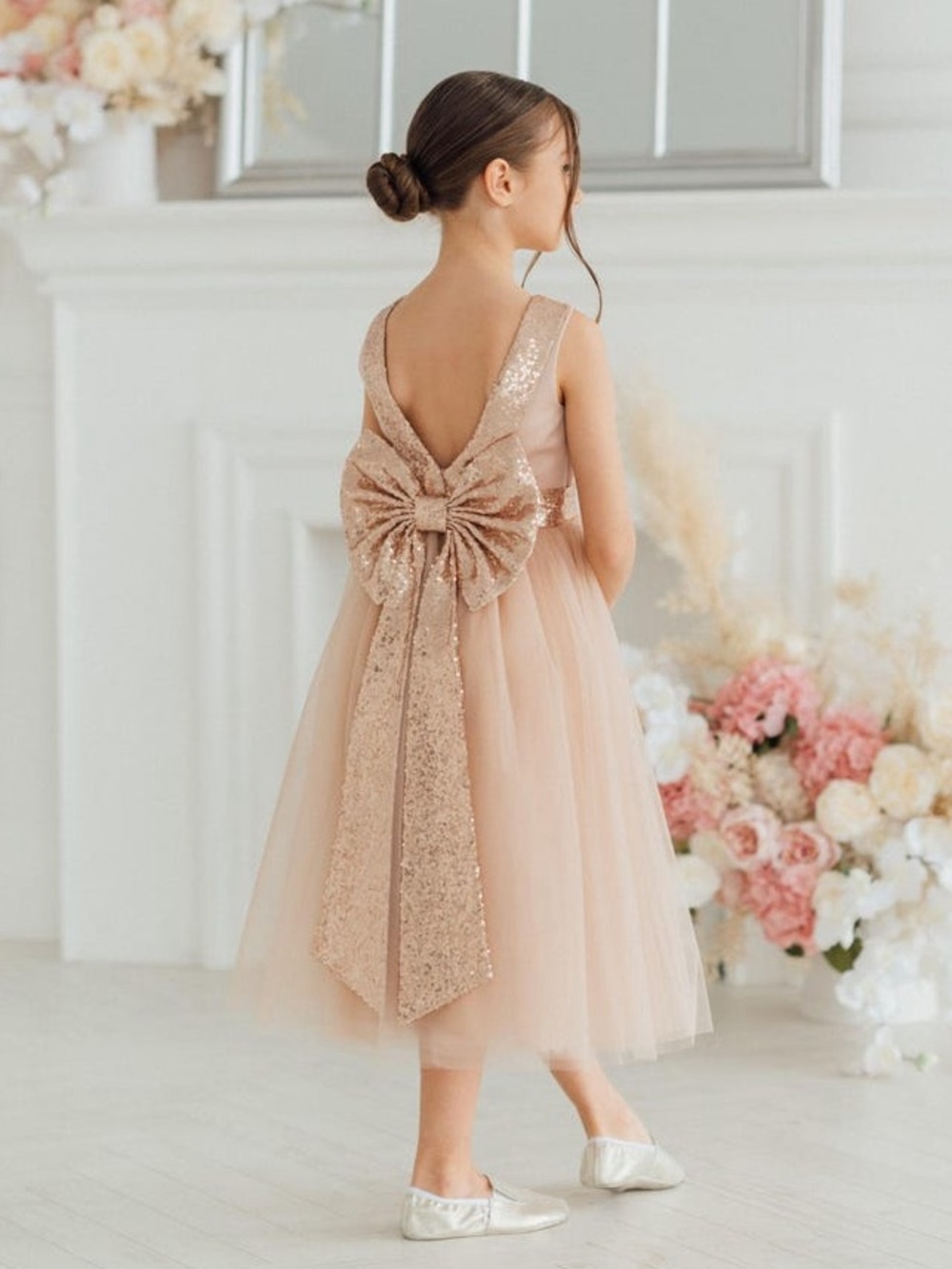 Kids Dream Blush Dupioni Tulle Dress w/ Blush Pink Sequins V-Back &Bow🎀